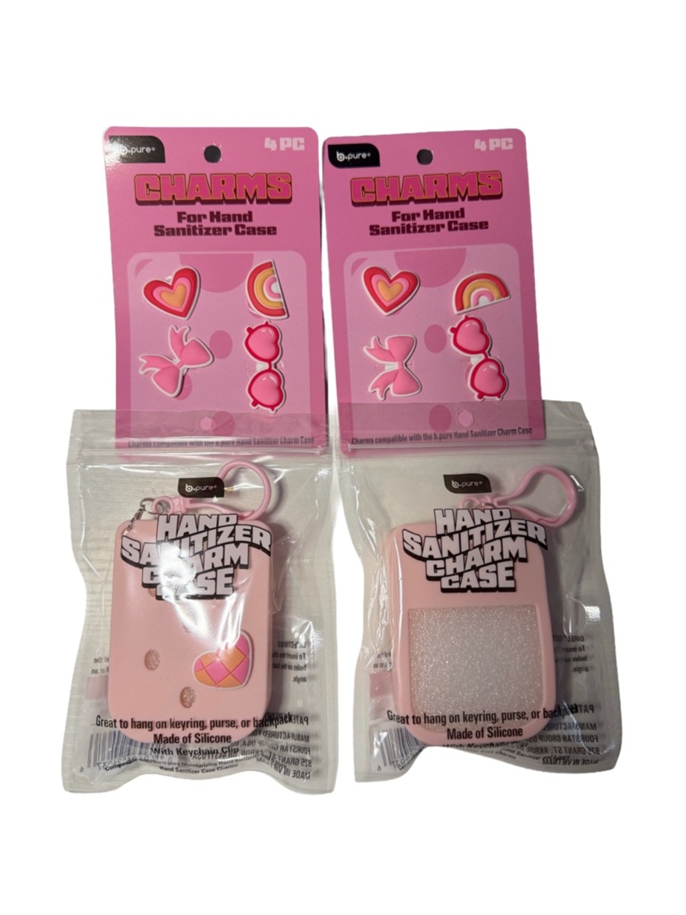 BPure Pink Hand Sanitizer Holder Set w Heart Bow Charms NWT 2 Pack